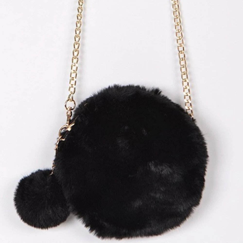 Faux Fur Puffball Crossbody Bag - Black